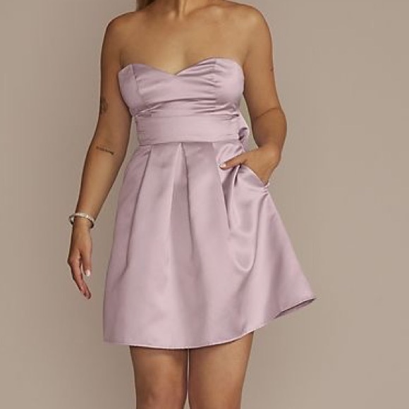 DAVIDS BRIDAL short strapless satin a-line dress with bow - Picture 2 of 6